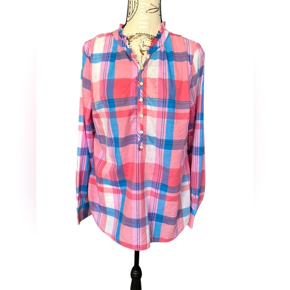 Talbots women’s blouse in pink and blue plaid with ruffle neckline size small - Picture 1 of 8